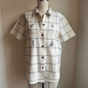 Embroidered Coastal Linen Blend Shirt Lemon Grass Petite Medium PM
